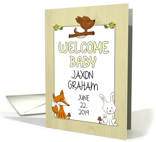 Customizable Name Congratulations Welcome Baby Deer Bunny and Fox card