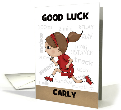 Good Luck Girl Track Runner Customizable Name Carly Brown Hair card