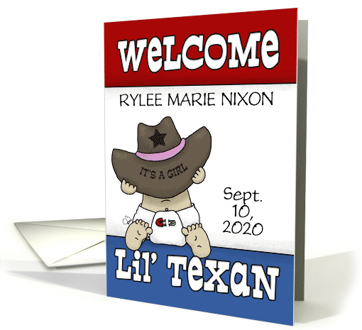 Congrats Lil' Texan Custom Name New Baby Cowgirl Hat on Baby Girl card