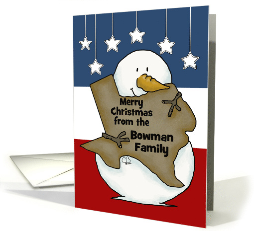 Custom Merry Christmas from Family Name Snowman holds Texas Shape card