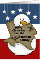 Custom Merry Christmas from Family Name Snowman holds Texas Shape card