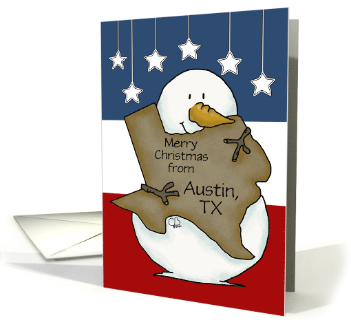 Custom Merry Christmas from Austin TX Snowman holds Texas Shape card