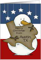 Custom Merry Christmas from Austin TX Snowman holds Texas Shape card