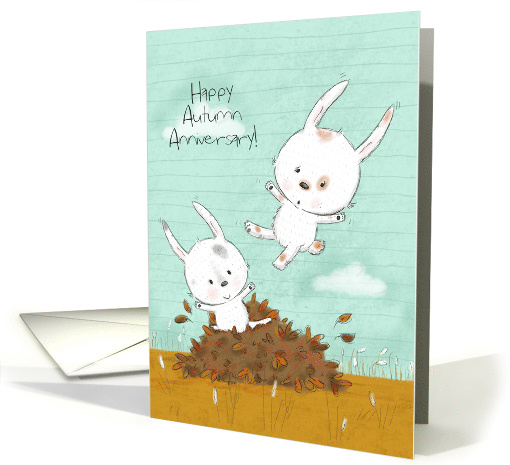 Customizable Fall Themed Happy Anniversary Bunnies and Leaf Pile card