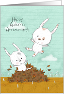 Customizable Fall Themed Happy Anniversary Bunnies and Leaf Pile card