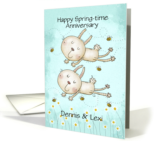 Customizable Spring Themed Happy Anniversary Bunnies Leaping card