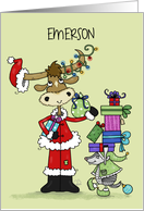 Customizable Merry Christmas Emerson Longhorn Santa and Armadillo Elf card