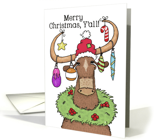 Merry Christmas Y'all Longhorn with Decorated Horns card (1641884)