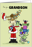 Customizable Merry Christmas for Grandson Longhorn Santa Armadillo Elf card