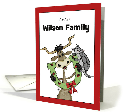 Custom Merry Christmas Luck Longhorn Armadillo Horseshoe Wreath card