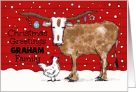 Merry Christmas to Graham Family Longhorn and Chicken Hornaments Custom Name card
