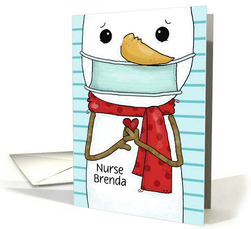 Custom Merry Christmas Nurse Brenda Snowman in Face Mask card
