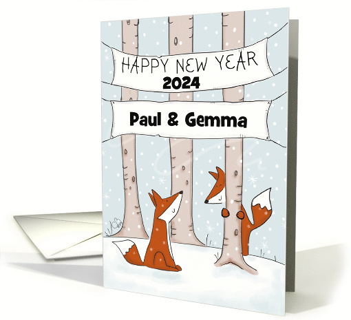 Customizable Year Name Happy New Year 2024 Fox Hide and Seek card