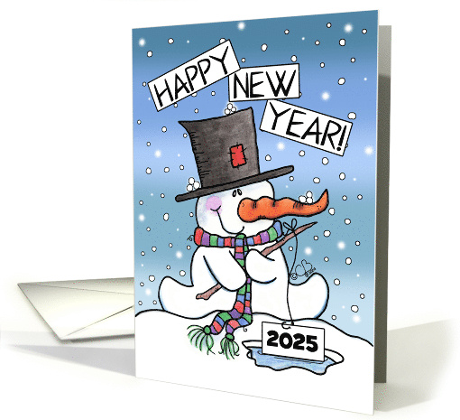 Customizable Year Ice Fishing Snowman Happy New Year 2024 card