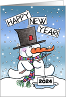 Customizable Year Ice Fishing Snowman Happy New Year 2024 card