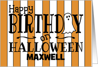 Custom Name Happy Birthday on Halloween Ghost Orange and White Stripes card