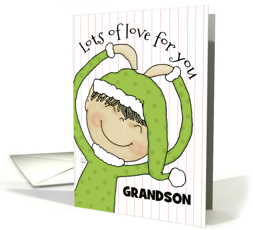 Custom Elf Forms Heart Lots of Love for Grandson at Christmas card