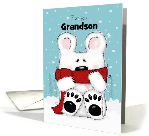 Customized Merry Christmas to Grandson Polar Bear in Red Scarf card