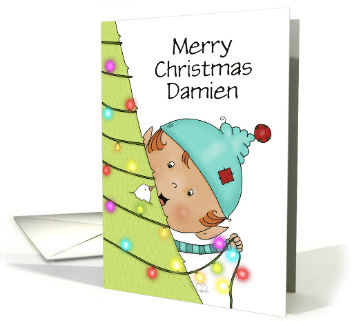 Customizable Elf Decorates Tree Merry Christmas Damien... (1662152)