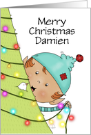 Customizable Elf Decorates Tree Merry Christmas Damien Small Miracles card
