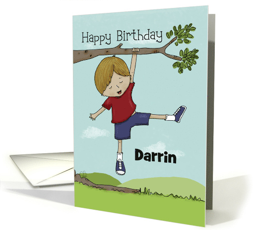 Customizable Happy Birthday Darrin Boy Swings from Tree Branch card