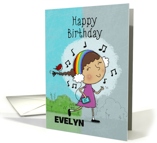 Customizable Happy Birthday to Evelyn Girl Listening to Music card