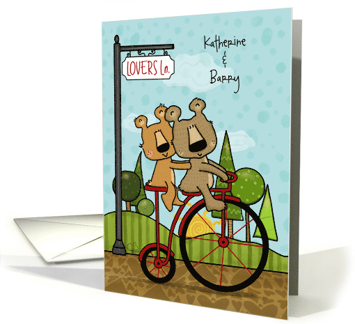 Happy Anniversary Customized Names Bear Couple on Bike Ride card