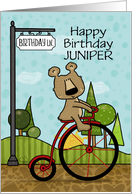 Customized Happy Birthday for Juniper Bear Riding Bike Birthday Lane card
