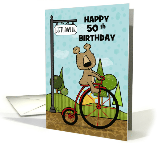 Customized Happy 50th Birthday Bear Riding Bike Birthday Lane card