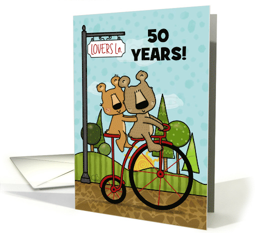 Customized Happy 50th Anniversary Bears Riding Bike Lovers Lane card