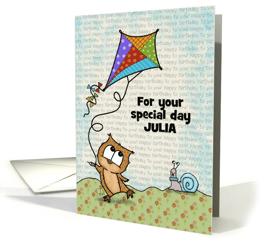 Customizable Happy Birthday to You for Julia Owl Flying Kite card