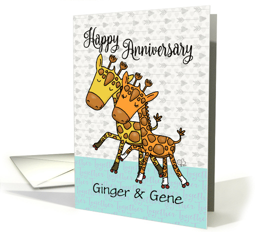 Customizable Happy Anniversary Ginger Gene Skating Giraffe Couple card