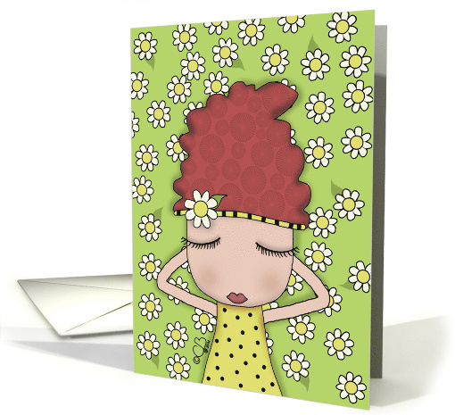 Whimsical Red Haired Girl Lying in Bed of Daisies Encouragement card