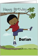 Customizable Happy Birthday Darian Dark Skin Boy Swings on Tree Branch card