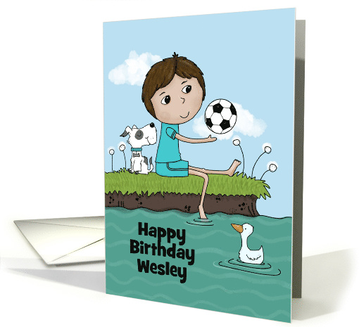Customizable Name Happy Birthday Wesley Boy Sitting by the Pond card
