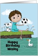 Customizable Name Happy Birthday Wesley Boy Sitting by the Pond card