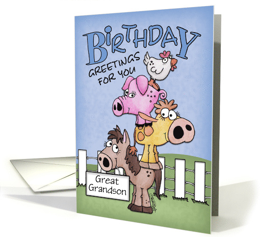 Customizable Birthday for Great Grandson Farm Animal Pile Up card
