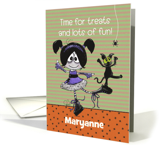 Customizable Happy Halloween Maryanne Dancing Goth Girl and Cat card