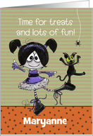 Customizable Happy Halloween Maryanne Dancing Goth Girl and Cat card