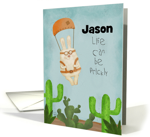 Customizable Encouragement for Jason Parachuting Bunny and Cactus card