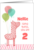 Customizable Happy 2nd Birthday Nellie Pink Llama and Balloons card