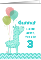 Customizable Happy 3rd Birthday Gunnar Aqua Llama and Balloons card