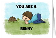 Young Boy and Turtle Customizable Name and Age 6th Birthday Benny card