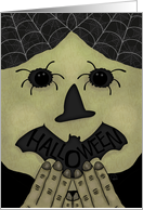 Monster Face with Witches Hat Spiders Webs and Bat Features Halloween card