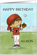 Customizable Name and Age 7th Birthday Allison Baseball Girl Outfield card