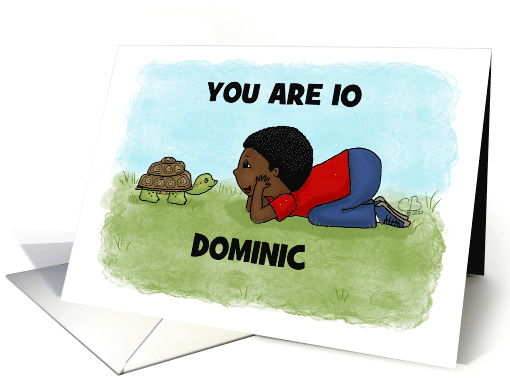 Young Boy and Turtle Customizable Name Age 10th Birthday Dominc card