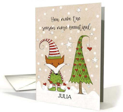 Customizable Name Julia Fox Elf Decorates Tree Merry Christmas card