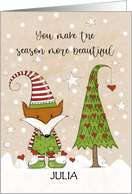 Customizable Name Julia Fox Elf Decorates Tree Merry Christmas card