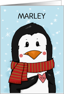 Customizable Name Marley Penguin with Heart Merry Christmas card