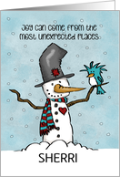 Customizable Name Sherri Snowman with Bird Friend Merry Christmas card